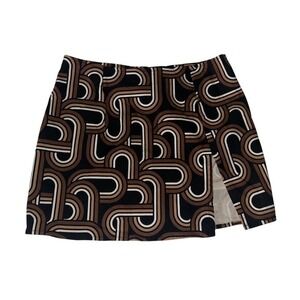 Motel Rocks Brown Geometric 70s Retro Swirl Print Mini Skirt Side Slit Small